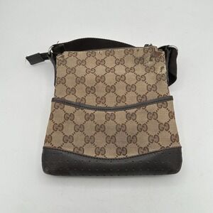 Gucci GG Monogram Crossbody Bag Women Brown Canvas Leather Purse HEAVY USE‎